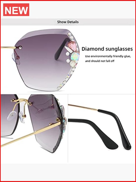 Rimless Rhinestone Sunglasses with Case - Square Retro Metal Frame main image 2
